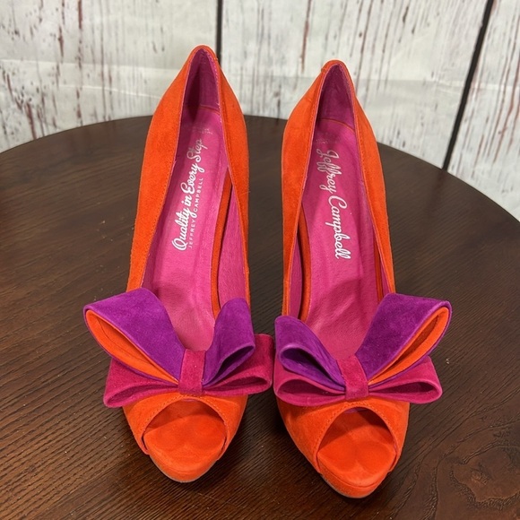 JEFFREY CAMPBELL GARRET orange combo Women's Bow Accent peep toe high heels 7.5 - Picture 1 of 16